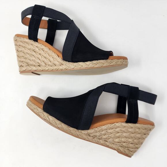 Andre Assous Wedge Sandal Women 7.5M Nalik Black Suede Braid Open Toe Espadrille - Picture 7 of 10
